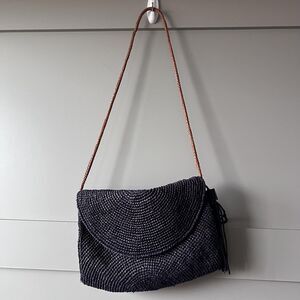 Mar Y Sol Shoulder Bag Womens Navy Blue Woven Raffia Crossbody Tassel Handmade